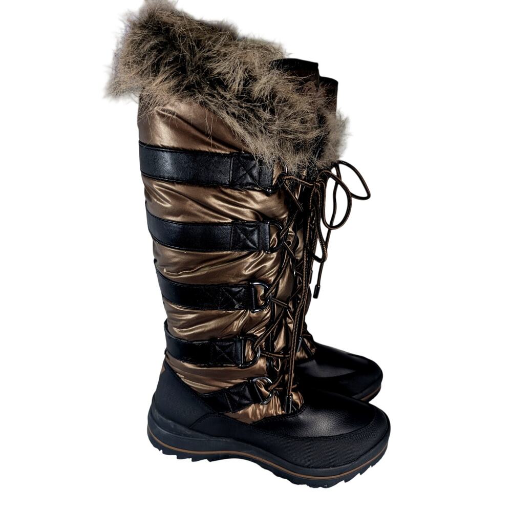 GUESS! BLACK LEATHER, QUILTED BRONZE PUFFER SHAFT, FAUX FUR INSULATED BOOTS! 10M